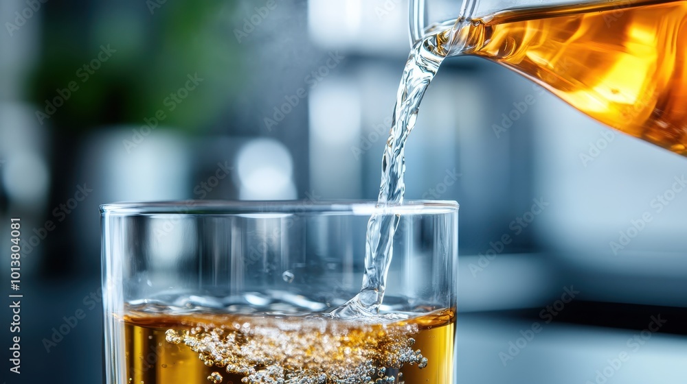 Poster a stream of clear liquid is poured into a glass, creating an entrancing bubbling effect. the scene c