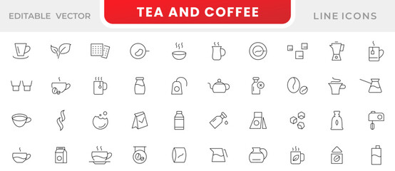 Tea and Coffee line icon set. Coffee maker machine, beans, espresso cup, cup, leaf, packaging, tea bag, glasses, teapot, disposable cup, machine, recommended line icon set. UI thin line icon pack.