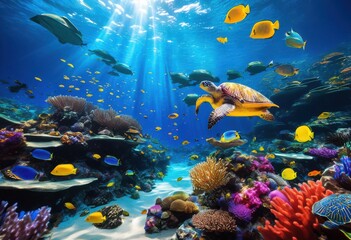 Obraz premium vibrant underwater ecosystem showcasing colorful marine species stunning ocean environment, anemones, aquatic, biodiversity, bioluminescence, blue, coral