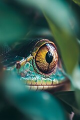 Fototapeta premium Close up of a Frog's Eye Peeking Through Green Leaves