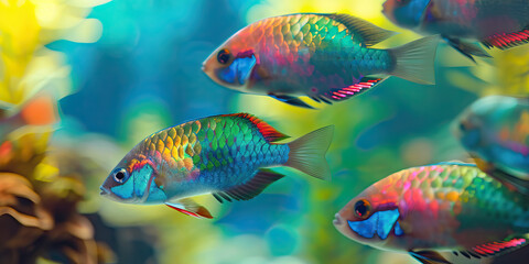 Fototapeta premium A group of colorful fish swimming lazily in an aquarium, their scales reflecting hues of blue, green, and red, receiving attention from an experienced aquarist.