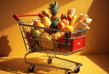A shopping cart on a yellow background with bright lighting