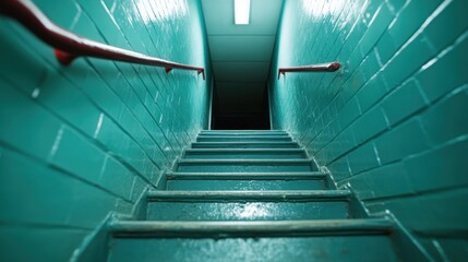 A mysterious staircase with teal walls and red railings leads downward into darkness, offering an unsettling yet intriguing scene of urban exploration and mystery.