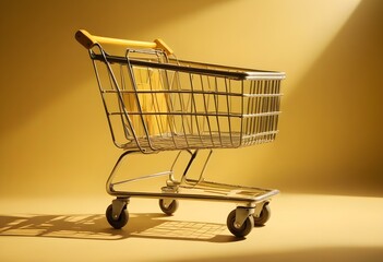 A shopping cart on a yellow background with bright lighting