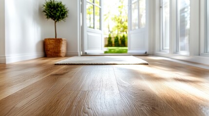 A minimalist hallway features elegant wooden flooring, a welcoming open door, natural lighting, and a green potted plant for a fresh, stylish atmosphere.