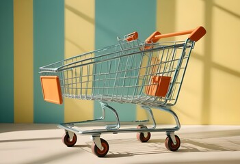 A shopping cart on a yellow background with bright lighting