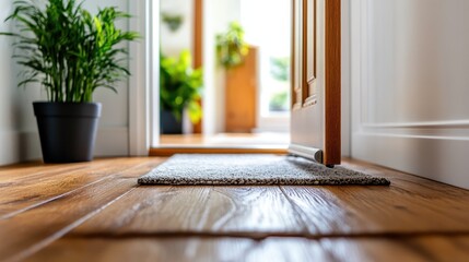 An inviting doorway highlights wooden flooring leading to a sunlit room, complemented by lush potted greenery creating a harmonious indoor-outdoor transition.