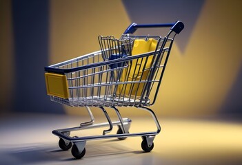 A shopping cart on a yellow background with bright lighting