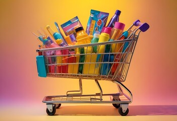 A shopping cart on a yellow background with bright lighting