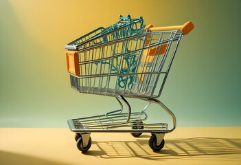 A shopping cart on a yellow background with bright lighting