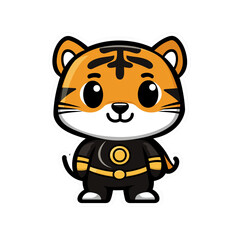 Cute cartoon tiger character dressed as superhero, featuring vibrant orange and black color scheme. This adorable design is perfect for childrens illustrations or playful themes