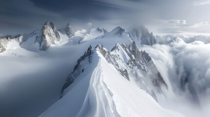 Fototapeta premium A high-angle shot of snow-covered mountains with clouds swirling around the peaks, shot at sunrise
