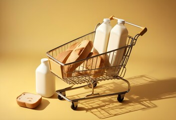 A shopping cart on a yellow background with bright lighting
