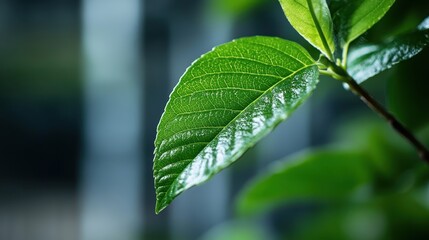 A single vibrant green leaf caught in natural sunlight, highlighting its intricate details and rich color. It embodies the purity and tranquility of nature.