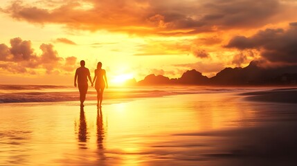 Fototapeta premium Silhouetted couple walking along the beach at sunset, with golden hues reflecting on the water, creating a romantic and serene atmosphere.