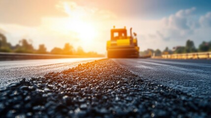 Eco-friendly road materials designed to clean the air being applied, with blurred road construction machinery in the background under a bright sky.