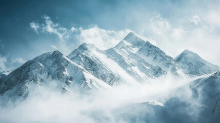 Obraz premium A high-angle shot of snow-covered mountains with clouds swirling around the peaks, shot at sunrise