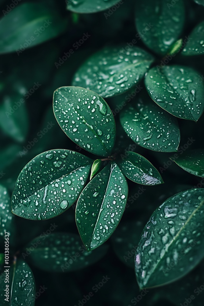 Poster Closeup of Lush Green Leaves with Dew Drops, Nature Background