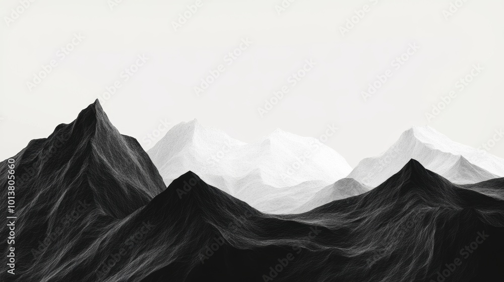 Poster geometric mountain abstraction, a minimalist depiction of mountain ranges, emphasizing shapes and fo