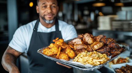 Friendly server presents a generous platter of assorted fried foods, highlighting hospitality and enticing flavors in a vibrant restaurant atmosphere.