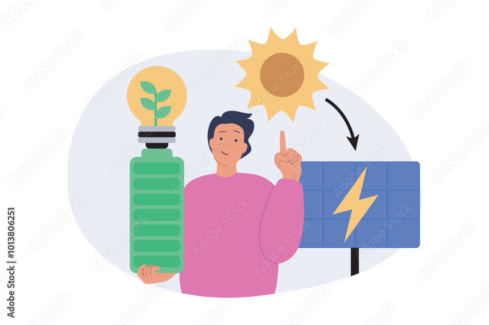 Aufkleber ecology concept in modern flat design for web. man using clean green and renewable energy with solar