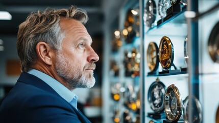 A man in a suit is captured in side profile, studying a display case filled with awards, symbolizing focus, contemplation, and the pursuit of excellence.