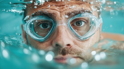 Naklejka premium A man with intense gaze peers through swimming goggles in water, emphasizing focus, determination, and connection with the elements around him in motion.