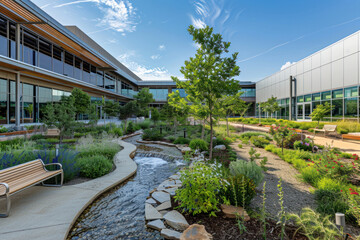 A hospital courtyard featuring a therapeutic landscape with medicinal herbs, shaded benches, and flowing water