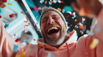 A bearded man is captured mid-laugh, draped in mesmerizing confetti, embodying pure joy and jubilance in a dynamic, cheerful environment.