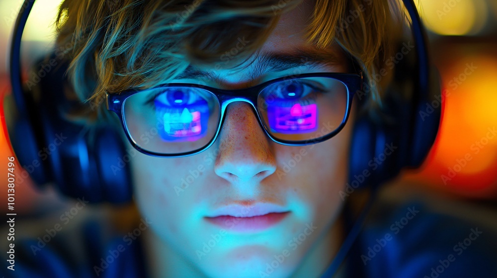 Poster Young adult attending a remote lecture focused intently on the computer screen with educational diagrams visible promoting engagement in higher education Large space for text in center Stock Photo