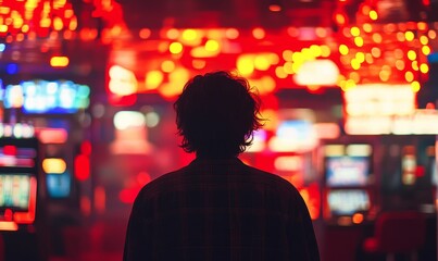 Naklejka premium Silhouette of person with red and yellow lights.