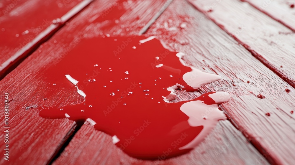 Poster a close-up view of red paint spilled and pooled, with droplets on a textured wood surface, highlight