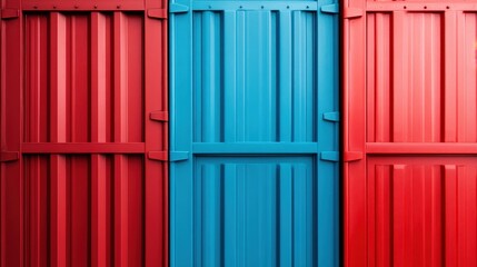 An artistic arrangement of red and blue metal containers side by side, showing bright color contrasts and industrial design elements, perfect for modern themes.