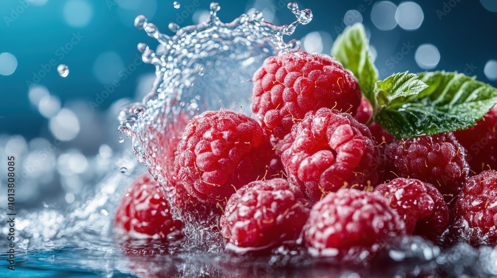 Poster a vibrant close-up of fresh raspberries, captured with splashing water droplets, creating a refreshi
