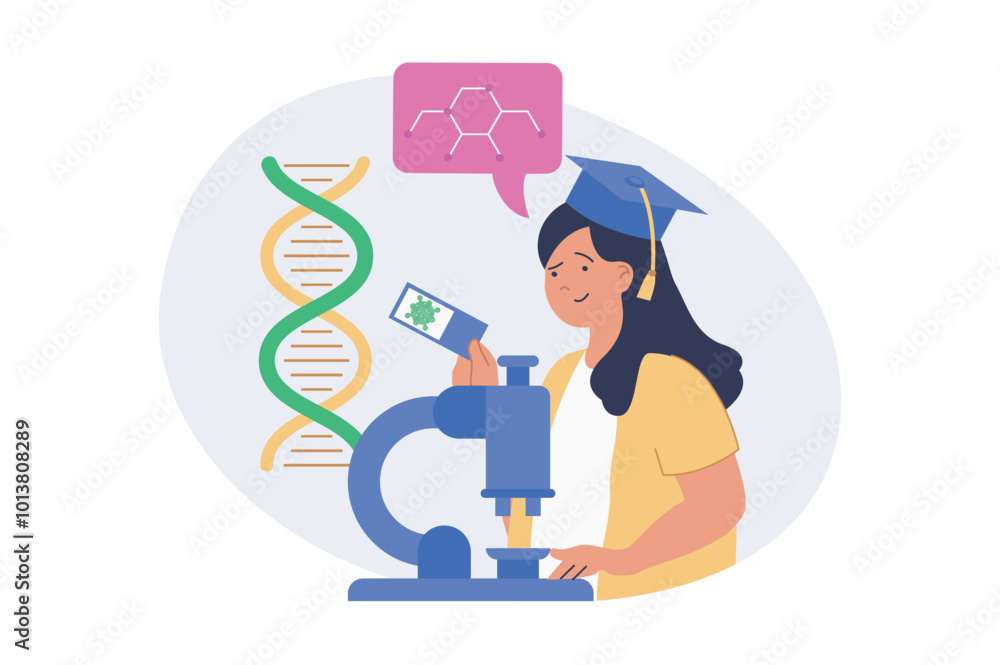 Poster Education concept in modern flat design for web. Woman making research with microscope in lab, studying dna and other molecules, making genetic tests for getting science degree. Vector illustration.