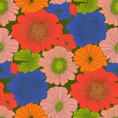 Add a pop of color to your designs with this abstract seamless pattern featuring bright, stylized flowers in shades of pink, yellow, orange, and blue. Perfect for backgrounds, wallpapers, and textiles
