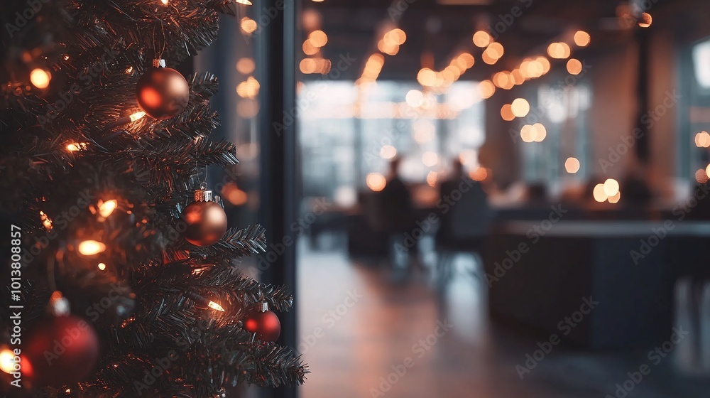 Poster office team members exchanging holiday greetings and hugging while wearing festive outfits and party