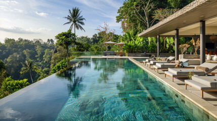 Fototapeta premium A luxurious infinity pool surrounded by minimalist landscaping and tropical plants, blending indoor and outdoor spaces