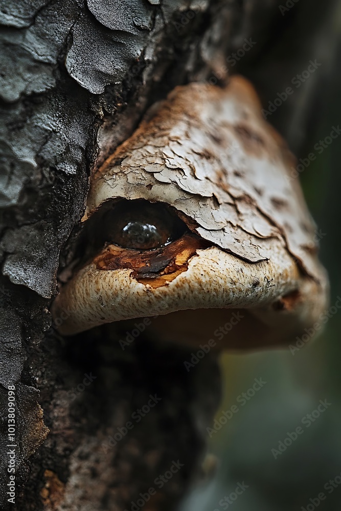 Poster close up macro shot of a fungus growing on a tree trunk. the texture of the fungus and bark creates 