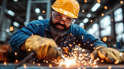 A bearded welder, wearing protective goggles and gloves, skillfully handles a welding tool, creating a mesmerizing spray of sparks in an industrial atmosphere.