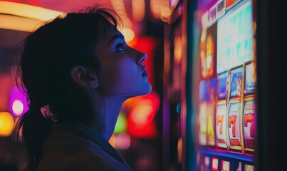 Woman watching neon slot machine.