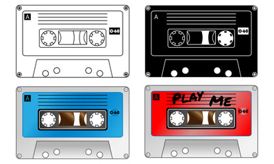 Old style vintage tape cassettes, retro cassette designs