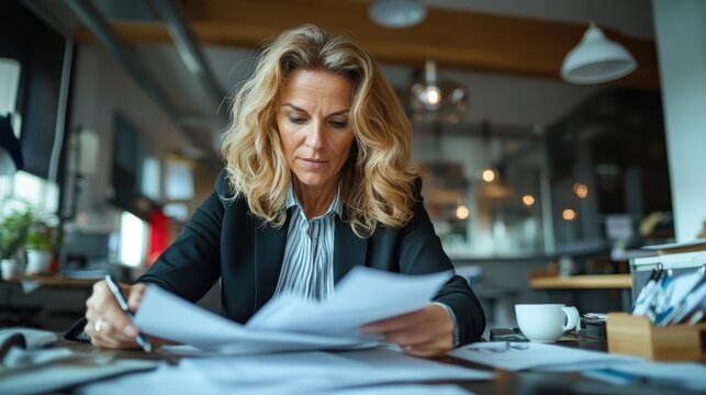 A woman dressed in a formal outfit diligently works through a stack of papers in a bright and modern office, symbolizing efficiency and professional dedication.