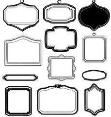 A collection of blank labels in various shapes and sizes, in a black-and-white vector illustration clipart set design