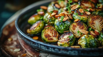 Crispy roasted Brussels sprouts with a balsamic glaze and toasted almonds, arranged on a serving platter.