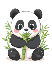 Fototapeta premium A cute panda is holding bamboo, in a simple style illustration with a flat design. 