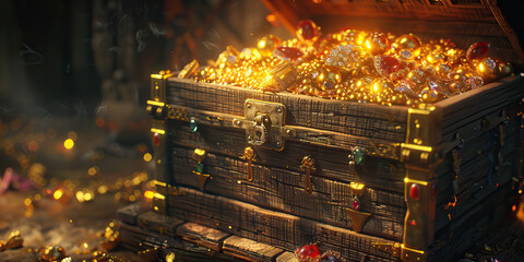 A rustic wooden chest, filled to the brim with gold and jewels, exuding an aura of opulence and wealth.