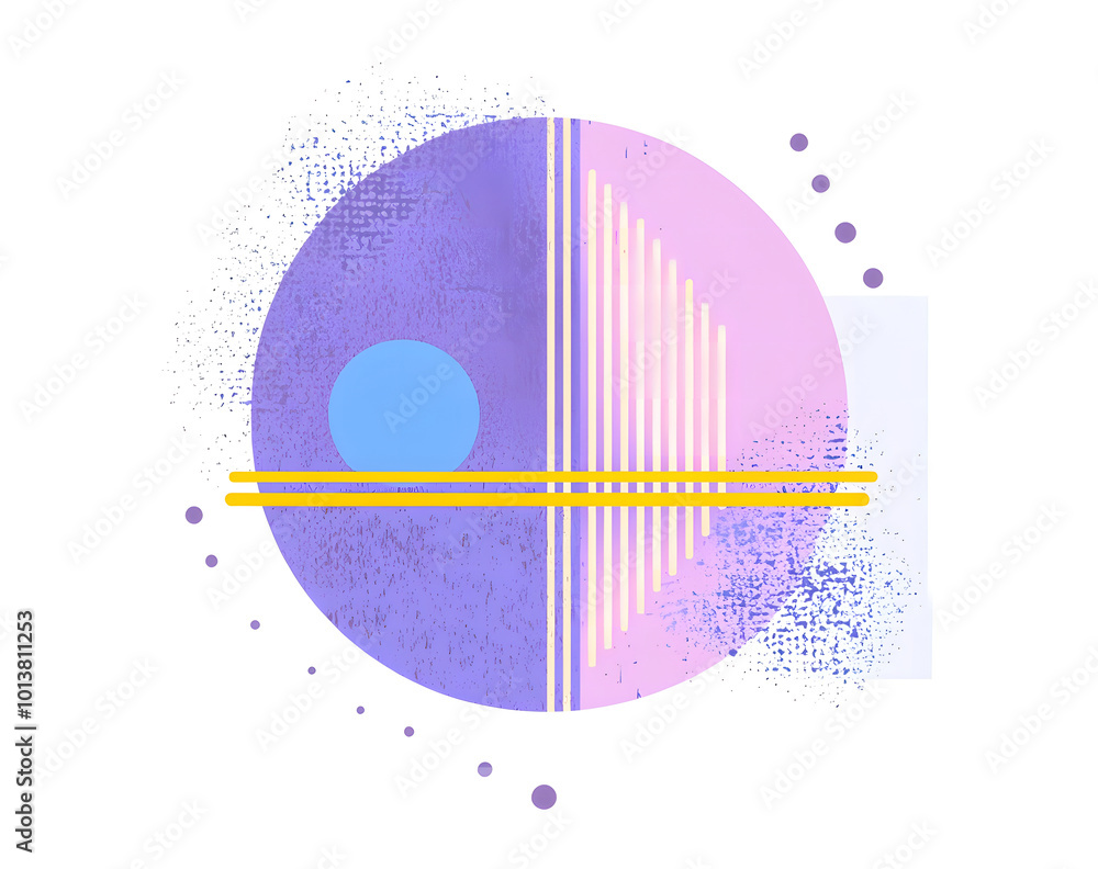 Poster vector illustration of a purple circle with a yellow line and blue shapes on a white background desi