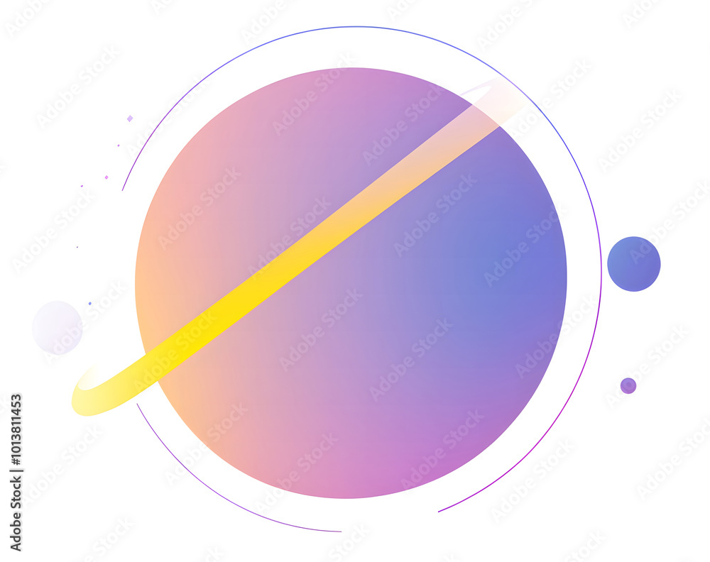 Poster vector illustration of a purple circle with a yellow line and blue shapes on a white background desi
