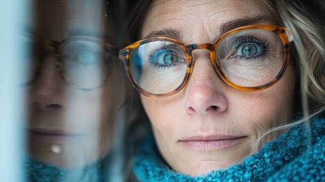 A close-up image of a woman with tortoiseshell glasses and a knit sweater. She stands near a window, reflecting on life's challenges and wonders.
